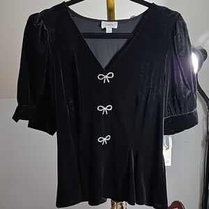 CeCe Black Velvet V-Neck Top with Bow Accents